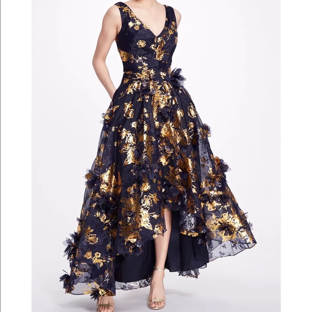 Marchesa organza hi-low gown navy blue and gold